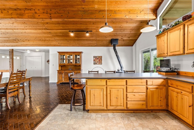4291 Williams Ln, Stevensville, MT 59870 - kitchen with a peninsula, dark countertops, wood ceiling, a wood stove, and vaulted ceiling