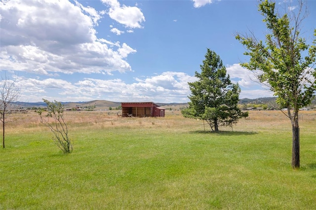 8340 Green Meadow Dr, Helena, MT 59602 - view of grassy yard with a rural view, an outdoor structure, and a mountain view