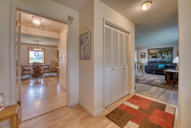 238 Hillcrest Dr, Hamilton, MT 59840 - hallway with light wood-style floors, a chandelier, and a textured ceiling