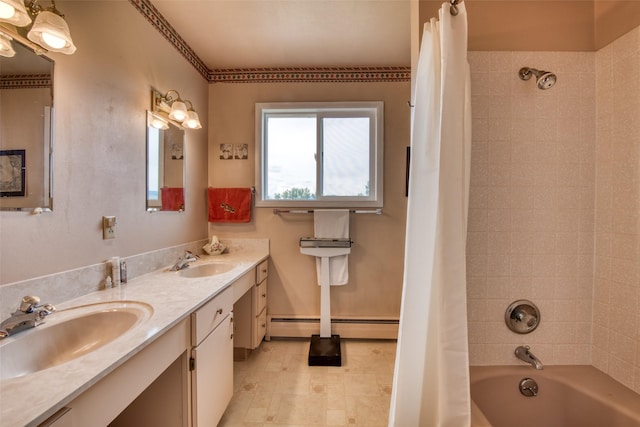 238 Hillcrest Dr, Hamilton, MT 59840 - full bath with a baseboard radiator, double vanity, shower / bath combo, and tile patterned flooring