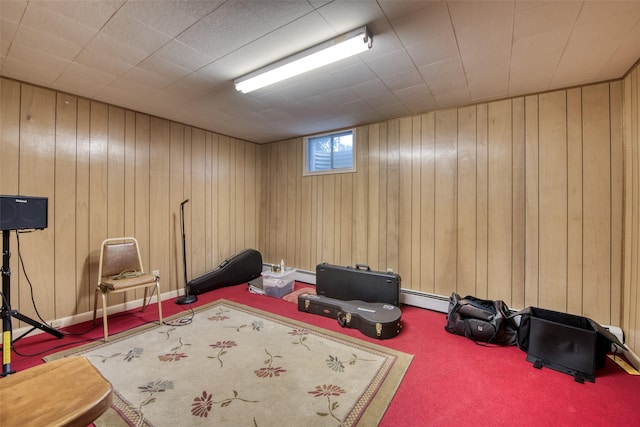238 Hillcrest Dr, Hamilton, MT 59840 - game room with wooden walls, carpet, and a baseboard heating unit