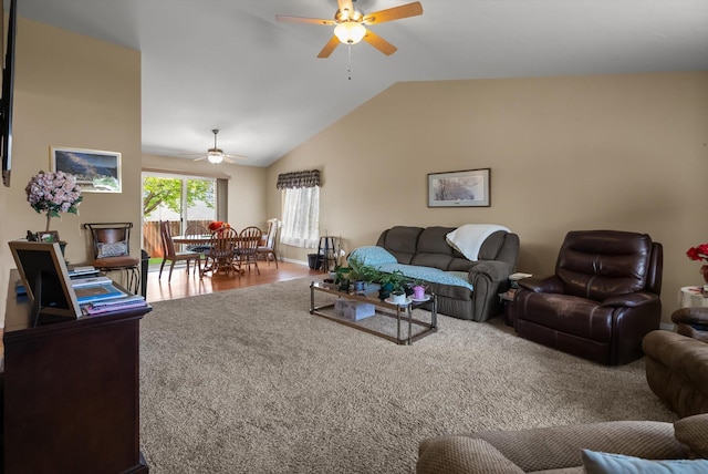 36 W Northview Loop, Kalispell, MT 59901 - carpeted living room with a ceiling fan and lofted ceiling