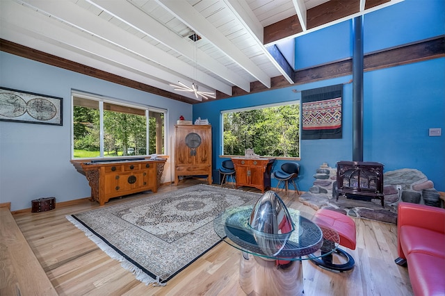 2075 Lion Mountain Loop Rd, Whitefish, MT 59937 - living area featuring a wood stove, wood finished floors, and a wood ceiling with exposed beams