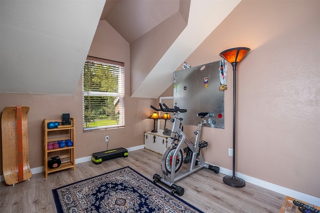 2075 Lion Mountain Loop Rd, Whitefish, MT 59937 - workout area featuring wood finished floors and vaulted ceiling