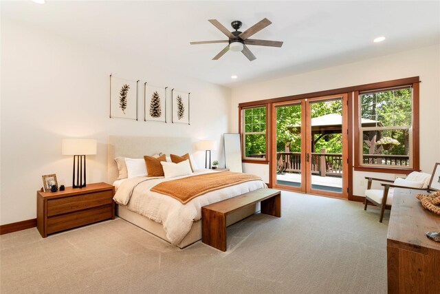 255 Windsor Ct, Bigfork, MT 59911 - bedroom with access to outside, carpet floors, recessed lighting, and a ceiling fan
