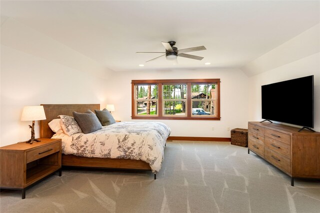 255 Windsor Ct, Bigfork, MT 59911 - bedroom with light colored carpet, recessed lighting, and ceiling fan