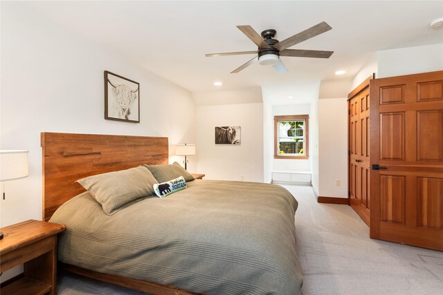 255 Windsor Ct, Bigfork, MT 59911 - bedroom featuring light colored carpet, recessed lighting, and ceiling fan