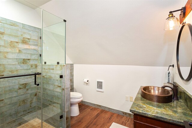 255 Windsor Ct, Bigfork, MT 59911 - bathroom with wood finished floors, vanity, a stall shower, and lofted ceiling