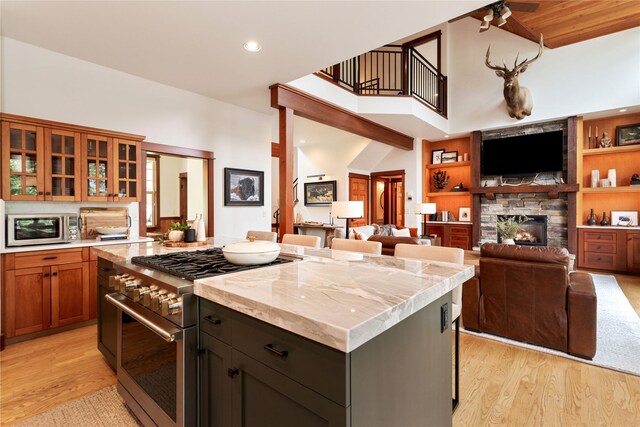 255 Windsor Ct, Bigfork, MT 59911 - kitchen featuring appliances with stainless steel finishes, a fireplace, light wood-style flooring, a center island, and recessed lighting