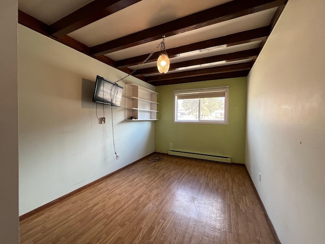 214 Church St, Thompson Falls, MT 59873 - spare room featuring baseboard heating, wood finished floors, and beam ceiling