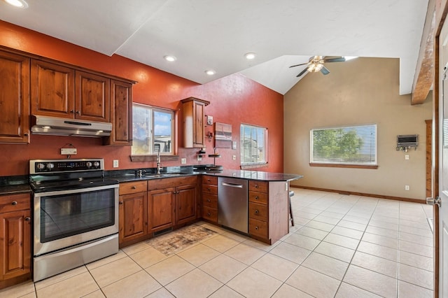 75 N Hill Rd, Kalispell, MT 59901 - kitchen with stainless steel appliances, a peninsula, under cabinet range hood, dark countertops, and a ceiling fan