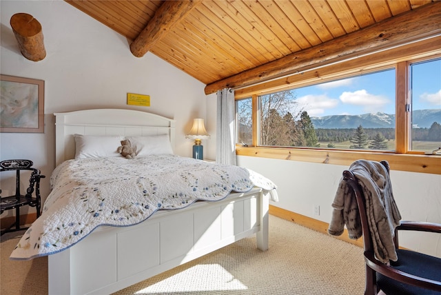182 Moondance Trl, Bigfork, MT 59911 - carpeted bedroom with wooden ceiling and a mountain view