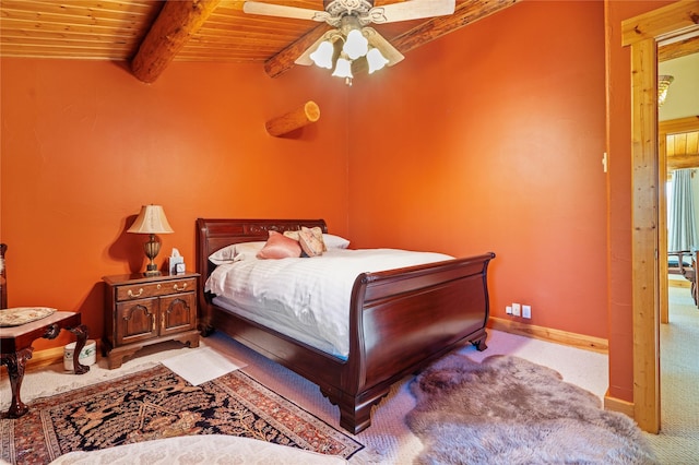 182 Moondance Trl, Bigfork, MT 59911 - carpeted bedroom with a wood ceiling with exposed beams and a ceiling fan