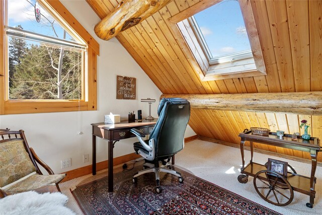 182 Moondance Trl, Bigfork, MT 59911 - home office featuring a skylight, wooden ceiling, and carpet floors