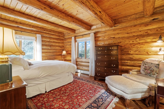 182 Moondance Trl, Bigfork, MT 59911 - bedroom with a wooden ceiling with exposed beams, wood finished floors, and log walls