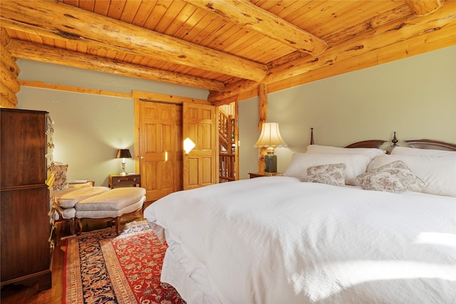 182 Moondance Trl, Bigfork, MT 59911 - bedroom with wood finished floors and a wooden ceiling with exposed beams