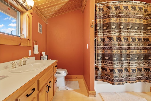 182 Moondance Trl, Bigfork, MT 59911 - bathroom with wooden ceiling, vanity, vaulted ceiling, tile patterned floors, and a shower with shower curtain