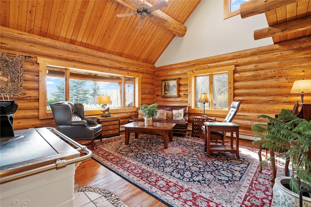 182 Moondance Trl, Bigfork, MT 59911 - office area with a wooden ceiling with exposed beams, healthy amount of natural light, wood-type flooring, high vaulted ceiling, and ceiling fan