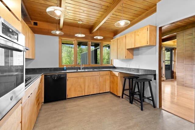 1695 Whalebone Dr, Kalispell, MT 59901 - kitchen with dishwasher, a wooden ceiling with exposed beams, dark countertops, light brown cabinetry, and light wood-style floors