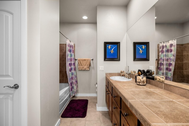 6203 Monterra Ave Unit H, Whitefish, MT 59937 - full bath featuring vanity, tile patterned flooring, shower / bath combo, and recessed lighting
