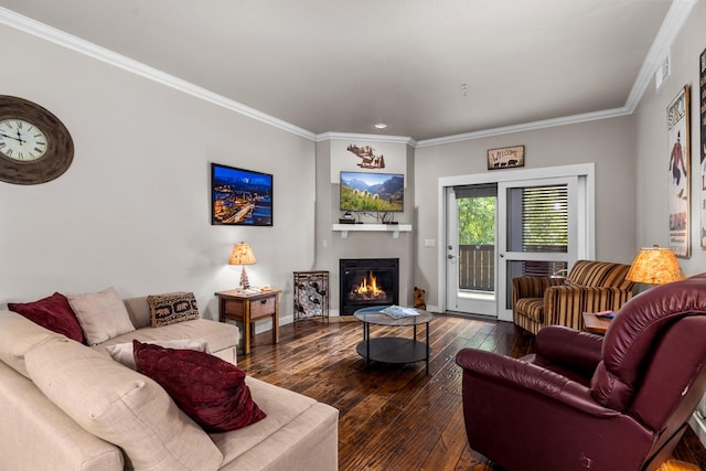 6203 Monterra Ave Unit H, Whitefish, MT 59937 - living room featuring a glass covered fireplace, hardwood / wood-style floors, and ornamental molding