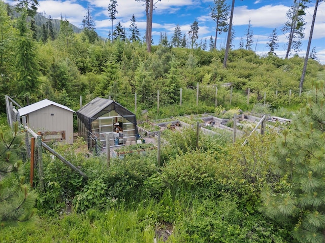 NHN Doe Run Trail, Polson, MT 59860 - view of yard with a vegetable garden, an exterior structure, an outbuilding, and a view of trees