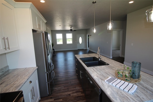506 Mountain View Dr, Cascade, MT 59421 - kitchen with stainless steel appliances, dark wood finished floors, open floor plan, light stone counters, and recessed lighting