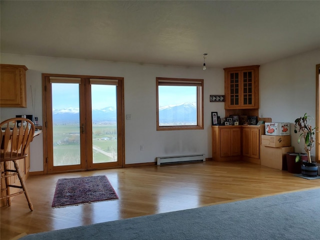 650 Hollibaugh Rd, Stevensville, MT 59870 - kitchen with a baseboard heating unit, light wood-type flooring, glass insert cabinets, and brown cabinets
