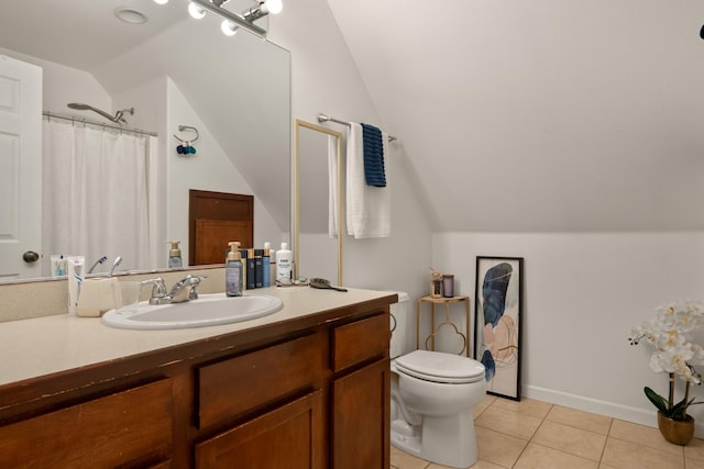 2331 W Sussex Ave, Missoula, MT 59801 - bathroom featuring vaulted ceiling, vanity, tile patterned flooring, and curtained shower