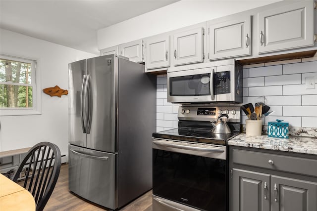 155 Lake Peter Ct, Kalispell, MT 59901 - kitchen featuring stainless steel appliances, gray cabinets, backsplash, and dark wood-style flooring