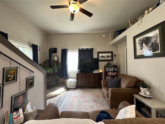 86 Steamboat Way W, Thompson Falls, MT 59873 - living room featuring plenty of natural light, ceiling fan, and wood finished floors