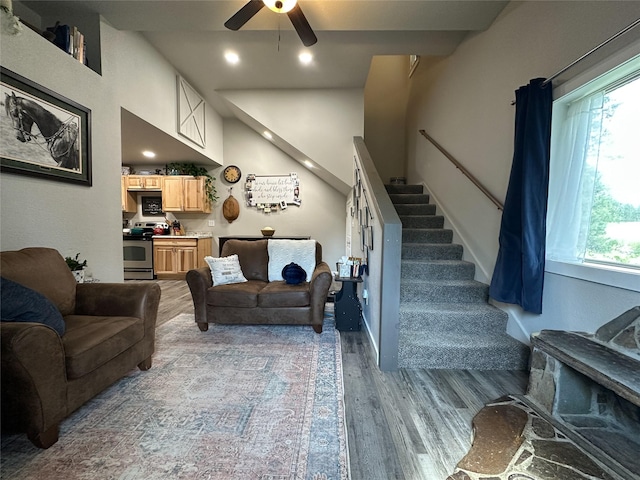 86 Steamboat Way W, Thompson Falls, MT 59873 - living area with a ceiling fan, stairway, wood finished floors, and recessed lighting