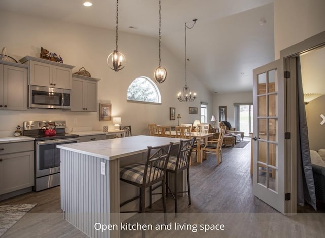 281 W Nicklaus Ave, Kalispell, MT 59901 - kitchen with appliances with stainless steel finishes, gray cabinets, high vaulted ceiling, a center island, and dark wood finished floors