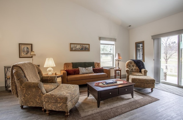 281 W Nicklaus Ave, Kalispell, MT 59901 - living room featuring wood finished floors and lofted ceiling