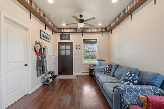 324 N Pine St, Townsend, MT 59644 - living room featuring a baseboard radiator, wood finished floors, recessed lighting, and ceiling fan