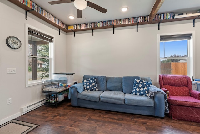 324 N Pine St, Townsend, MT 59644 - living area featuring a baseboard heating unit, ceiling fan, wood finished floors, and recessed lighting