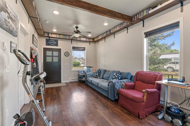 324 N Pine St, Townsend, MT 59644 - living area featuring hardwood / wood-style floors, recessed lighting, ceiling fan, a baseboard radiator, and beam ceiling