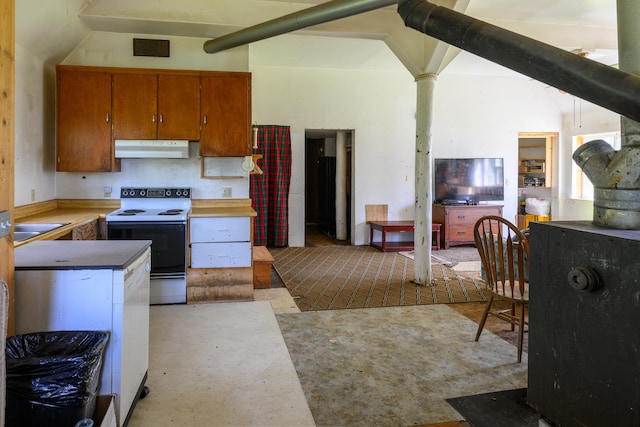 456 Gould Rd, Eureka, MT 59917 - kitchen featuring electric stove, under cabinet range hood, and brown cabinetry