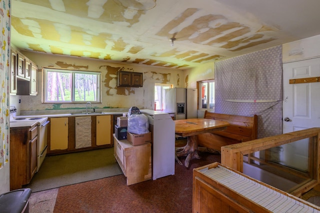 456 Gould Rd, Eureka, MT 59917 - kitchen featuring stainless steel refrigerator with ice dispenser, electric stove, plenty of natural light, and dark carpet