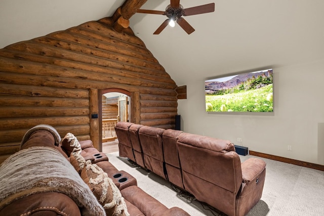 4475 Star Meadows Rd, Whitefish, MT 59937 - cinema room featuring rustic walls, arched walkways, ceiling fan, and carpet floors