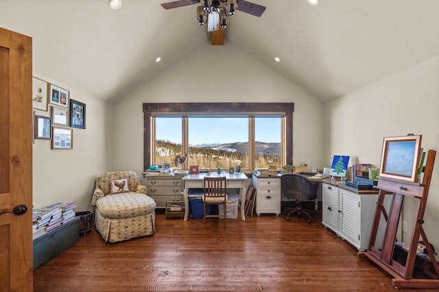 4475 Star Meadows Rd, Whitefish, MT 59937 - home office featuring a ceiling fan, vaulted ceiling, wood finished floors, and recessed lighting