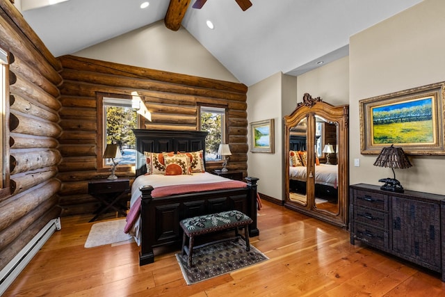 4475 Star Meadows Rd, Whitefish, MT 59937 - bedroom featuring a baseboard radiator, high vaulted ceiling, beam ceiling, light wood finished floors, and log walls