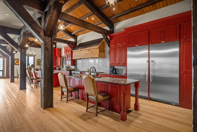 4475 Star Meadows Rd, Whitefish, MT 59937 - kitchen featuring built in fridge, reddish brown cabinets, wooden ceiling, a chandelier, and light wood-style floors