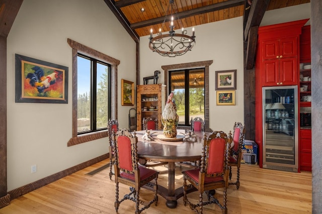 4475 Star Meadows Rd, Whitefish, MT 59937 - dining space featuring wine cooler, a wood ceiling with exposed beams, a chandelier, light wood-type flooring, and high vaulted ceiling