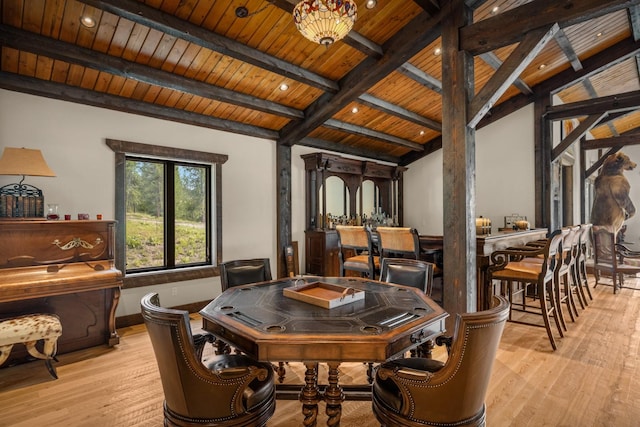 4475 Star Meadows Rd, Whitefish, MT 59937 - dining room featuring a wooden ceiling with exposed beams, light wood-type flooring, and recessed lighting