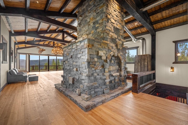 4475 Star Meadows Rd, Whitefish, MT 59937 - living area featuring wood ceiling, hardwood / wood-style flooring, and a chandelier