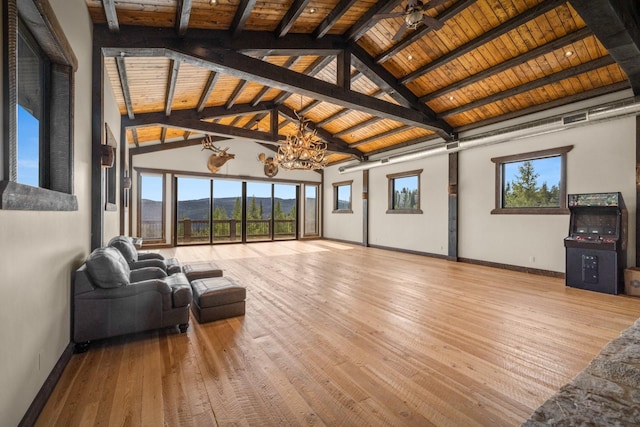 4475 Star Meadows Rd, Whitefish, MT 59937 - living area featuring wood ceiling, a chandelier, and hardwood / wood-style flooring