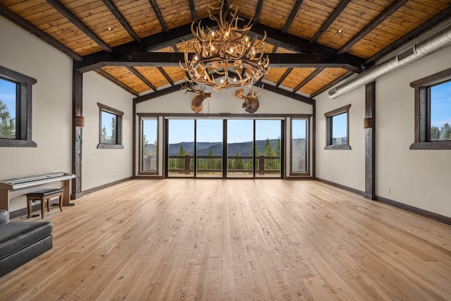 4475 Star Meadows Rd, Whitefish, MT 59937 - unfurnished living room featuring a wooden ceiling with exposed beams, a chandelier, light wood finished floors, a mountain view, and high vaulted ceiling