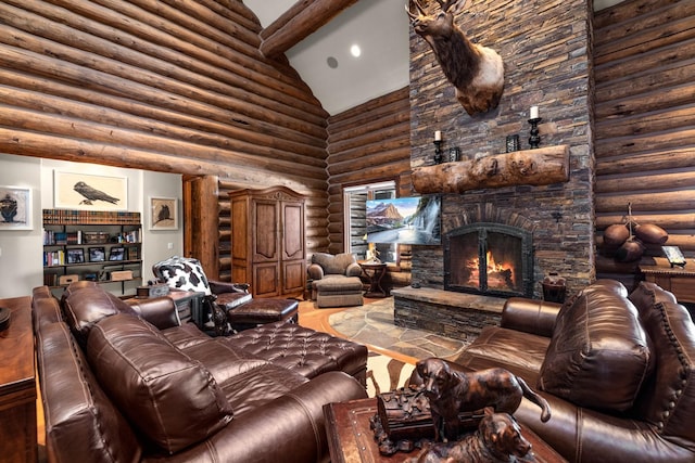 4475 Star Meadows Rd, Whitefish, MT 59937 - living room featuring log walls, a stone fireplace, wood finished floors, and high vaulted ceiling