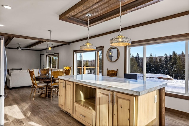 4475 Star Meadows Rd, Whitefish, MT 59937 - kitchen featuring light brown cabinetry, open floor plan, dark wood-style floors, recessed lighting, and beamed ceiling